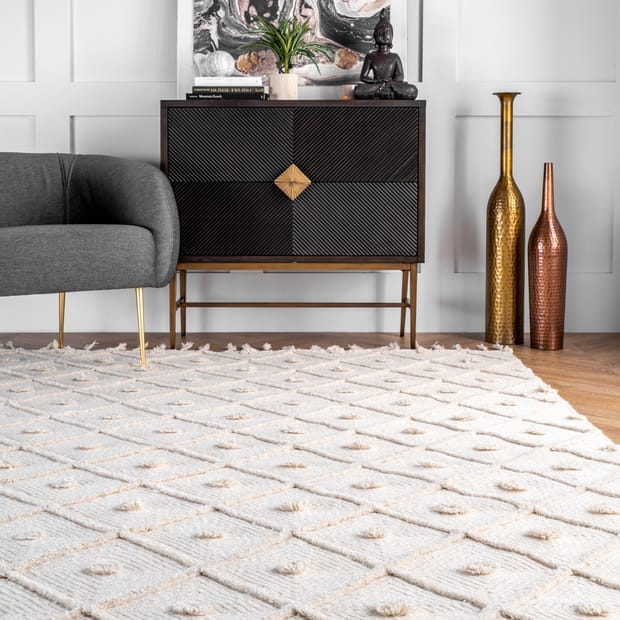 Waffell Diamond Textured Trellis Tassel Ivory Rug