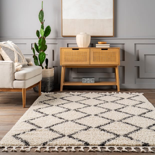 Temara Simple Trellis With Braided Tassels Off White Rug