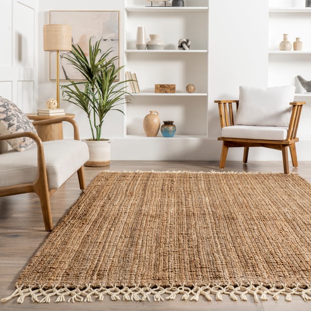 Naturally Textured Hand Woven Jute With Wool Fringe Natural Rug