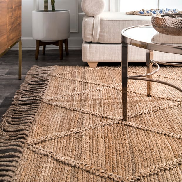 Contemporary Area Rug Braided Wavy Chevron Tassel Mats Jute Fringe Natural Rugs