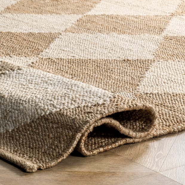 Checkered Handwoven Natural Jute Runner Rug with Off White Design