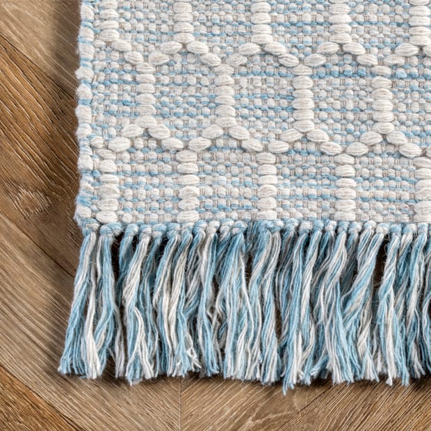 Asteria Hive Fringed Baby Blue Rug, Baby Blue And White Striped Rug