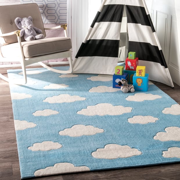 Blue White Soft Cute Area rug Carpet Mat with Baloons Clouds