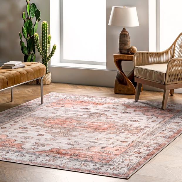 Rain Haven Francis Cartouche Medallion Washable Beige Rug