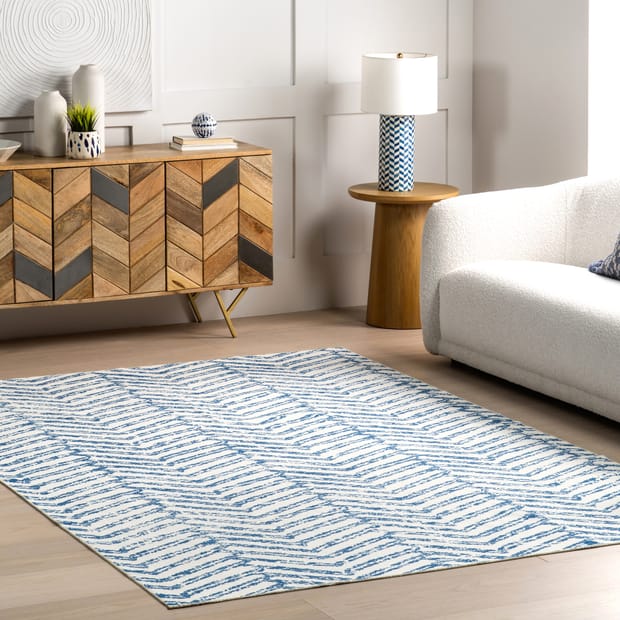 Rain Haven Reverse Herringbone Washable Blue Rug