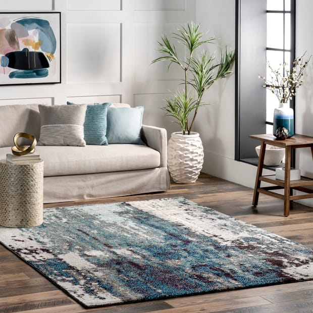Albina Winter Abstract Blue Rug, What Size Rug For 3×5 Dining Table
