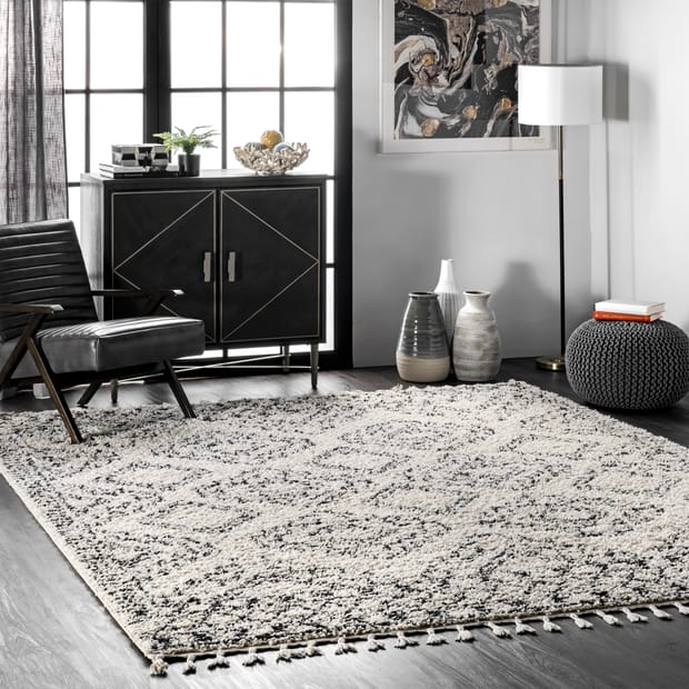 Temara Moroccan Tasseled Off White Rug, Black And Grey Living Room Rug