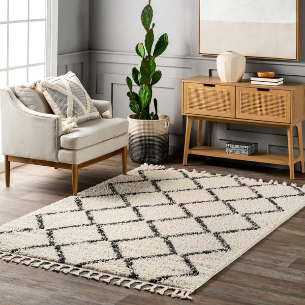 Temara Simple Trellis With Braided Tassels Off White Rug