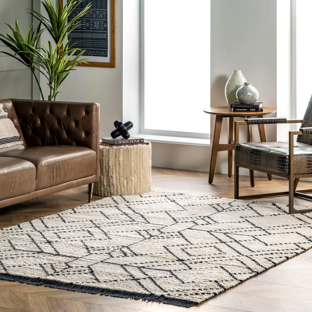 Airydale Modern Tracery Tasseled Beige Rug