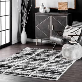 Black And White Faded Striped Shag Area Rug