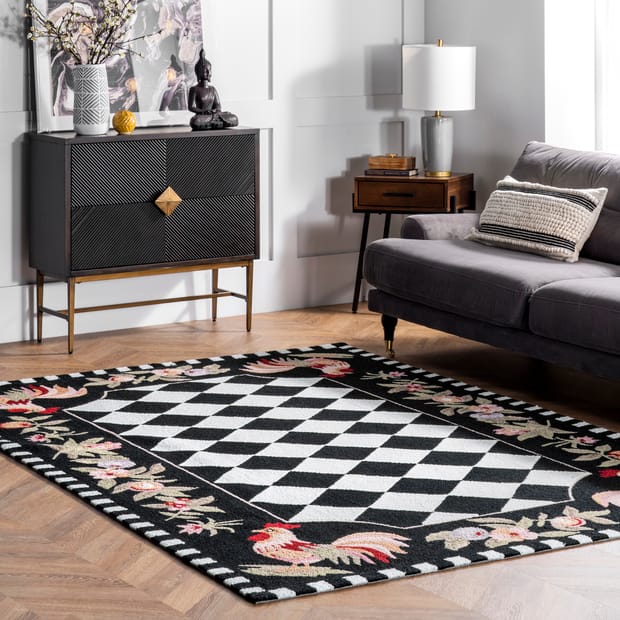 Homespun Rooster Black Rug, Round Rooster Rugs Kitchen