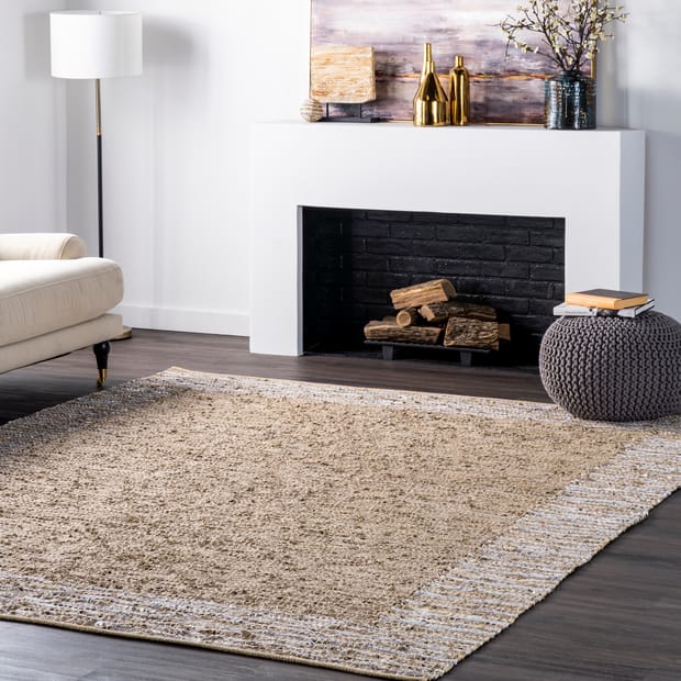 Handwoven Striped Border Leather Beige Rug, Leather Area Rug