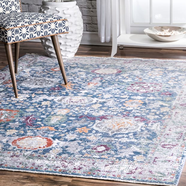 Folktime Fading Floral Fringe Blue Rug