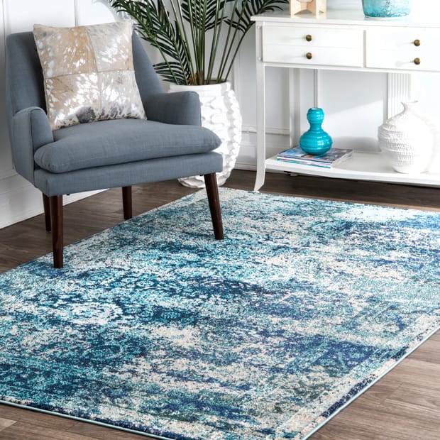 Chroma Color Washed Fl Ocean Blue Rug, Beach Themed Bedroom Area Rugs
