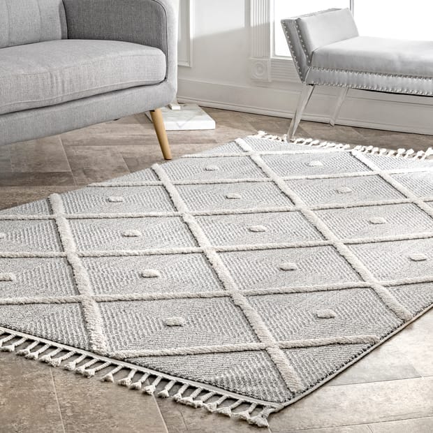Grooven Zenful Pip Tiles Tassel Gray Rug, 9×12 Area Rug Contemporary