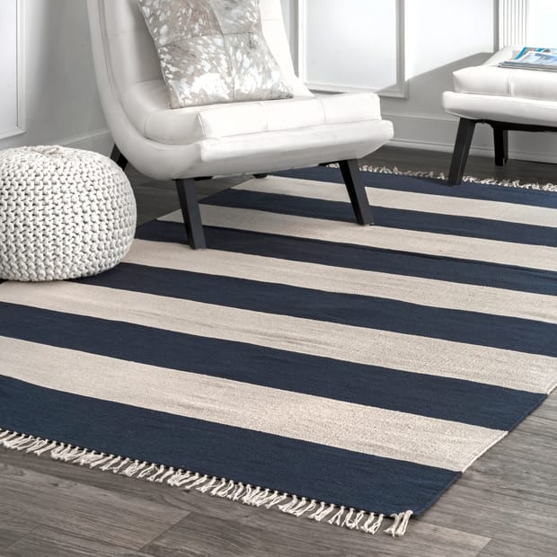 Awning Striped Flatweave Tassel Navy Rug, Navy And White Striped Rug