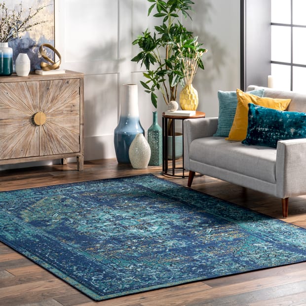 Printed Persian Overdyed Vintage Blue Rug, Over Dyed Distressed Rugs