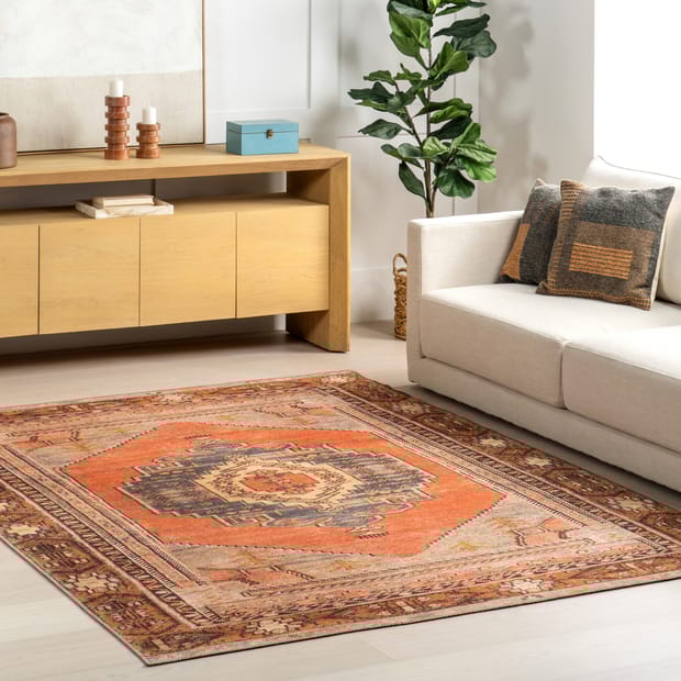 Basili Washable Southwestern Medallion Orange Rug