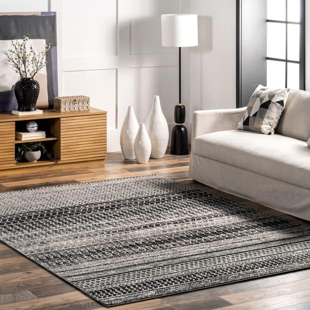 Banded Abacus And Stripes Dark Gray Rug, Living Room With Dark Grey Rug