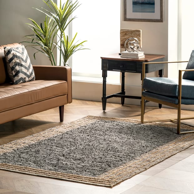 Haystack Jute Bordered Leather Gray Rug, Leather Area Rug Grey