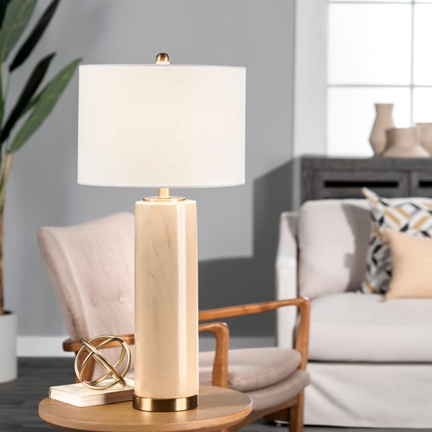 Beige 30-inch Marbleized Ceramic Column Table Lamp
