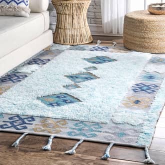 Blue Bouphant Shaggy Tribal With Braided Tassels rug - Transitional Rectangle 5' x 8'