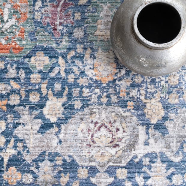 Folktime Fading Floral Fringe Blue Rug