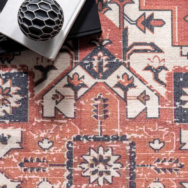 Ditmars Printed Floral Medallion Tasseled Rust Rug