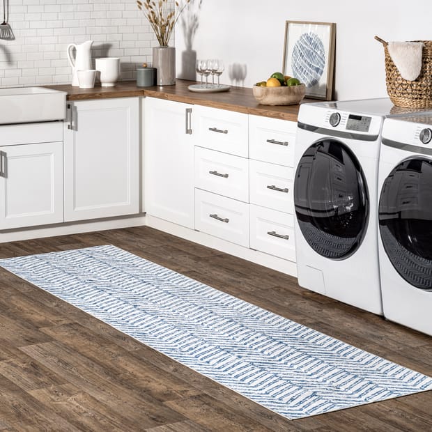 Rain Haven Reverse Herringbone Washable Blue Rug