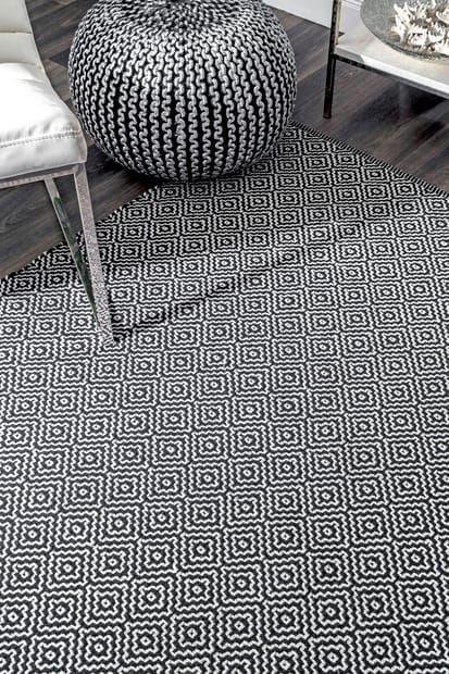 Chalet Diamond Cotton Check Flatwoven, Black And White Flat Woven Rug