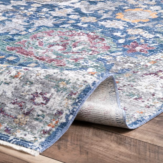 Folktime Fading Floral Fringe Blue Rug