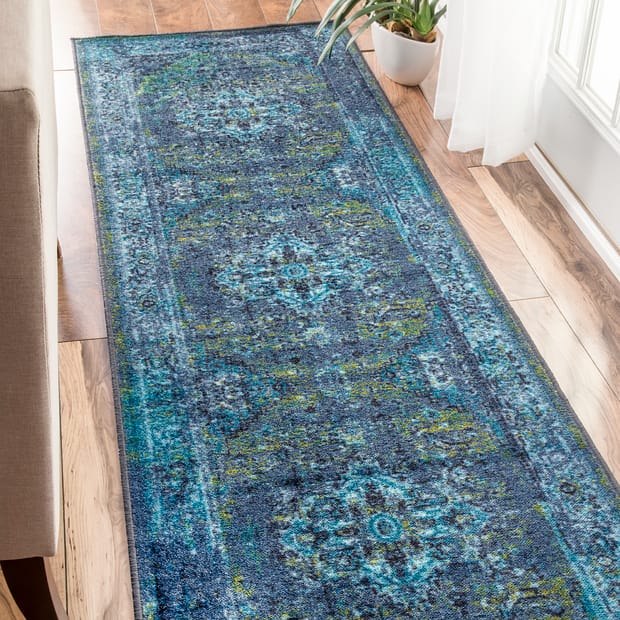 Printed Persian Overdyed Vintage Blue Rug, Overdyed Vintage Rugs