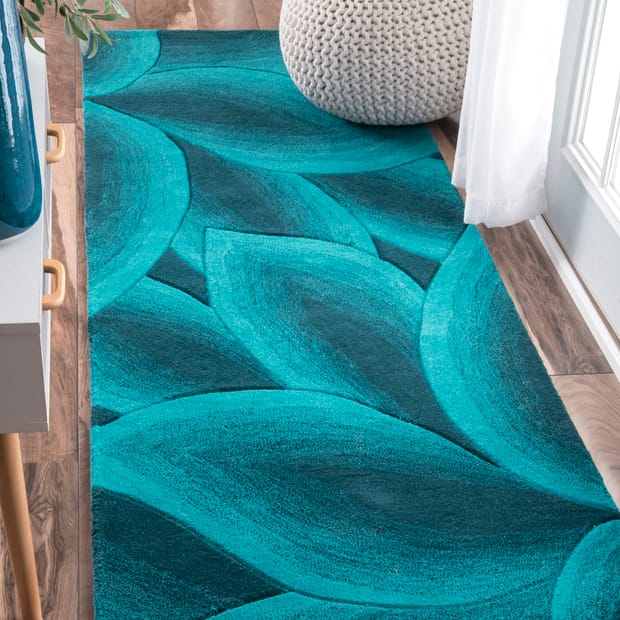 Couture Fall Leaves Teal Rug, Teal Wool Area Rug