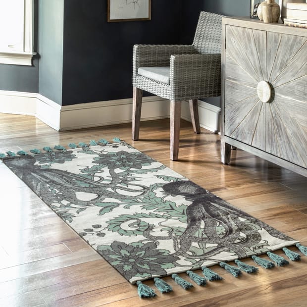 Thomas Paul Printed Flatweave Cotton Giant Octopus Aqua Rug
