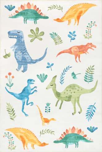 White Multicolor 4' x 6' Kayleigh Kids Washable Dinosaur Rug swatch
