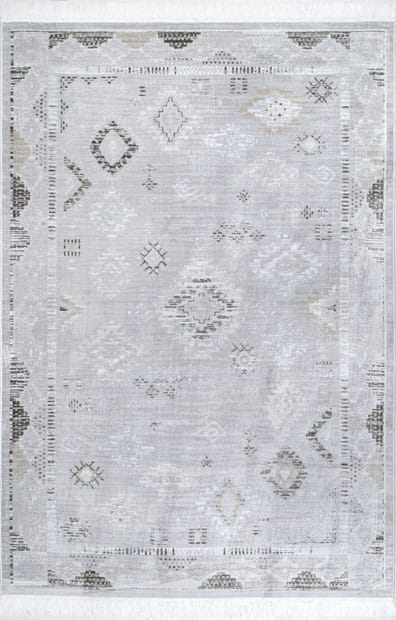 Nightscape Faded Tribal Fringe Silver Rug, Tribal Pattern Area Rugs 8×10
