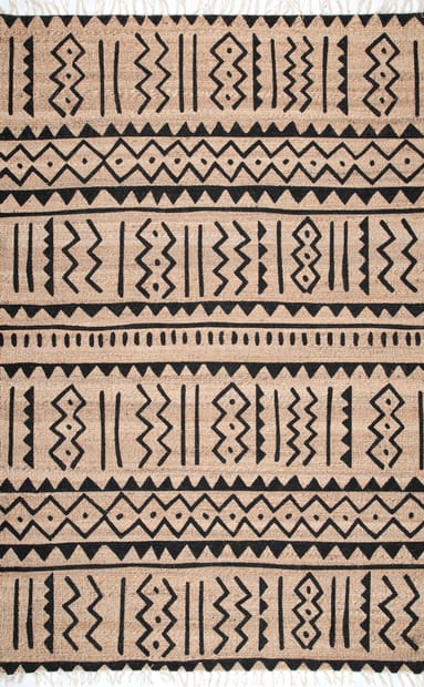Berta Jute Blend Tasseled Natural Rug, Tribal Print Area Rugs